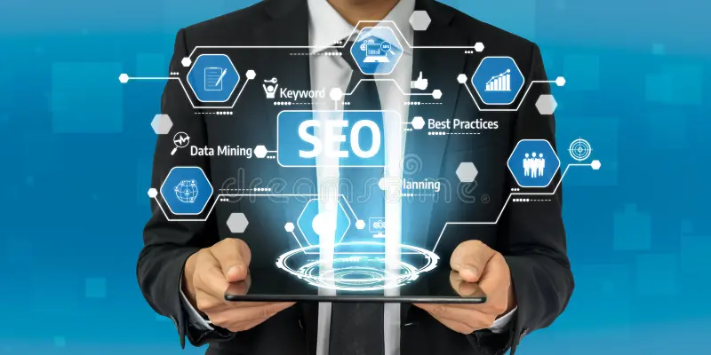 businessman showcasing digital marketing strategies seo data mining best practices planning performance holds 433483054