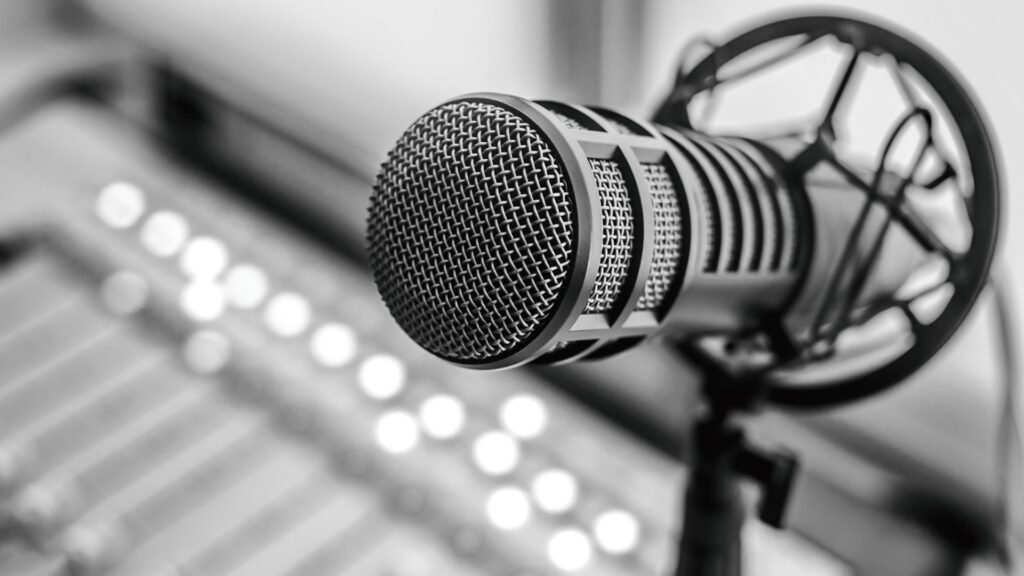 close up of radio microphone in radio station